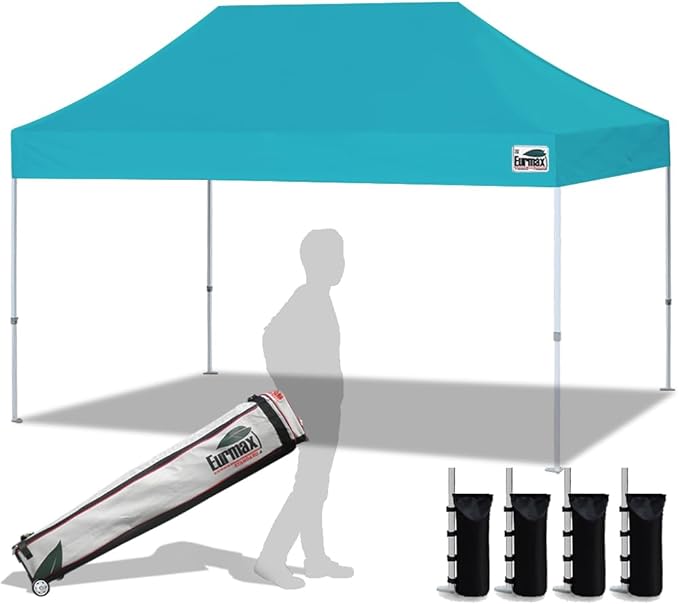Eurmax USA 10x15ft Pop Up Canopy, Commercial Instant Tent for Outdoor Events, Patented No-Tip Rolling Storage Bag with 4 Sandbags,UV & Water Resistant,Heavy Duty Portable Shelter Gazebo,Turqouise