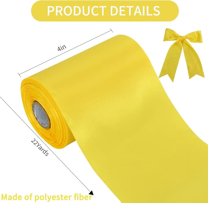 TONIFUL 4 in x 22Yds Wide Lemon Light Yellow Satin Ribbon Solid Fabric Large Ribbon for Cutting Ceremony Kit Grand Opening Chair Sash Table Hair Car Bow Sewing Craft Gift Wrapping Wedding Decoration