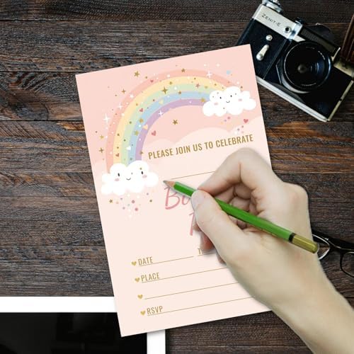 Pink Gold Rainbow Cloud Star Birthday Party Invitations