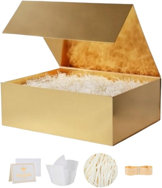 UoeRing 1 Pcs Gold Gift Box 11.5x8x4 inch Luxury Gift Box for Presents with Magnetic Lid Collapsible,Birthday,Christmas,Contains Card, Ribbon, Tissue Paper,Shredded Paper Fille