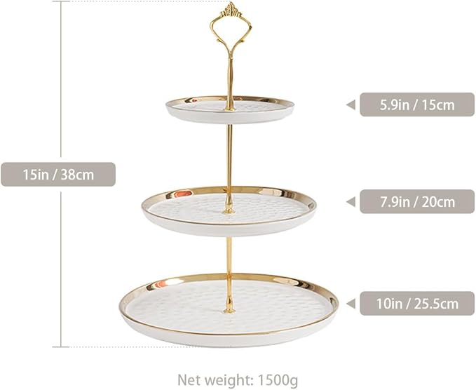 3-Tier Ceramic Cupcake Stand with Gold Trim - Elegant Dessert Serving Platter for Cakes, Pastries, Snacks & Fruits - Parties, Afternoon Tea & Home Decor (White)