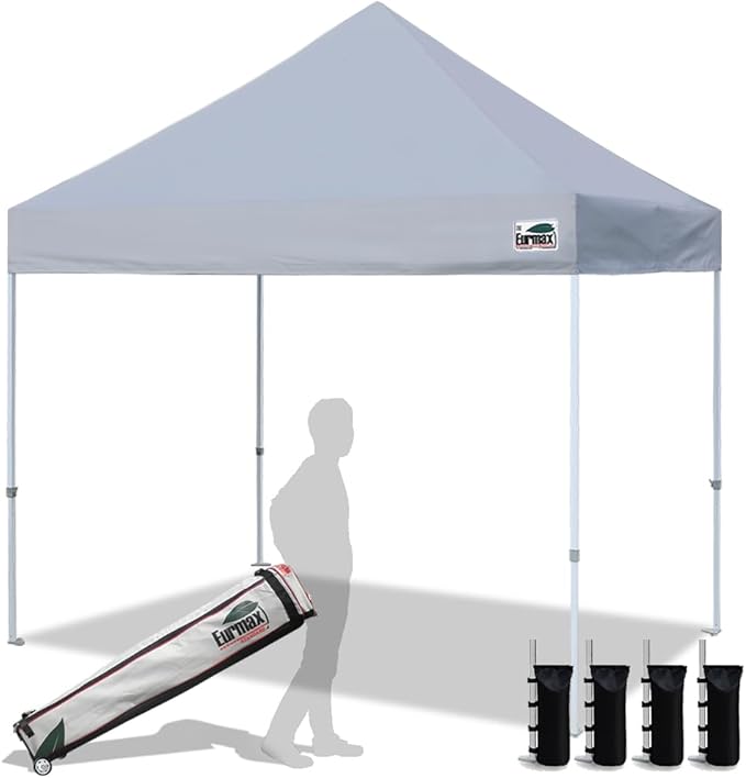 Eurmax USA 8x8ft Pop Up Canopy, Commercial Instant Tent for Outdoor Events, Patented No-Tip Rolling Storage Bag with 4 Sandbags, UV & Water Resistant, Heavy Duty Portable Shelter Gazebo,Grey