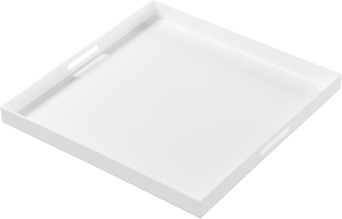 Extra Large Glossy White Acrylic Serving Tray with Handles-King Size Spill Proof-for Ottoman,Coffee Table, Breakfast, Tea, Food, Butler -Safe Edge Organizer-24x24x2H Inch