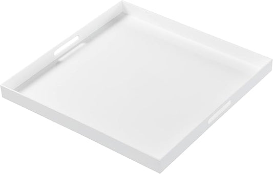 Extra Large Glossy White Acrylic Serving Tray with Handles-King Size Spill Proof-for Ottoman,Coffee Table, Breakfast, Tea, Food, Butler -Safe Edge Organizer-24x24x2H Inch