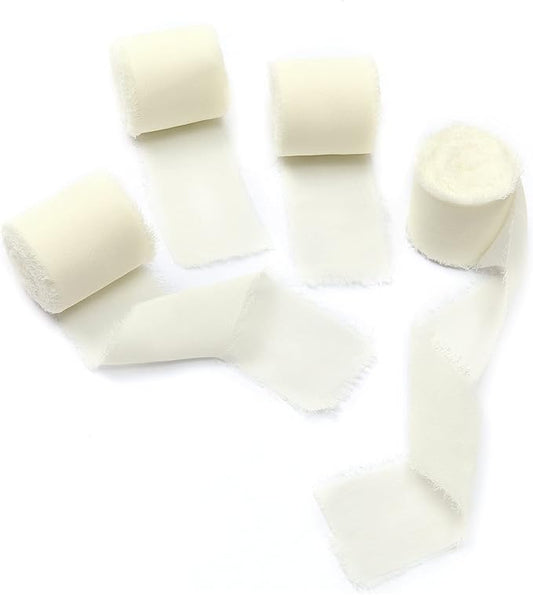 4 Rolls Cream White Handmade Fringe Chiffon Silk Ribbon 1.5" W x 5Yd Per Roll,Frayed Edges Ribbon Set for Gifts Wrapping,Wedding Invitations,Bouquets,DIY Crafts (1.5" x20Yd, Cream White)