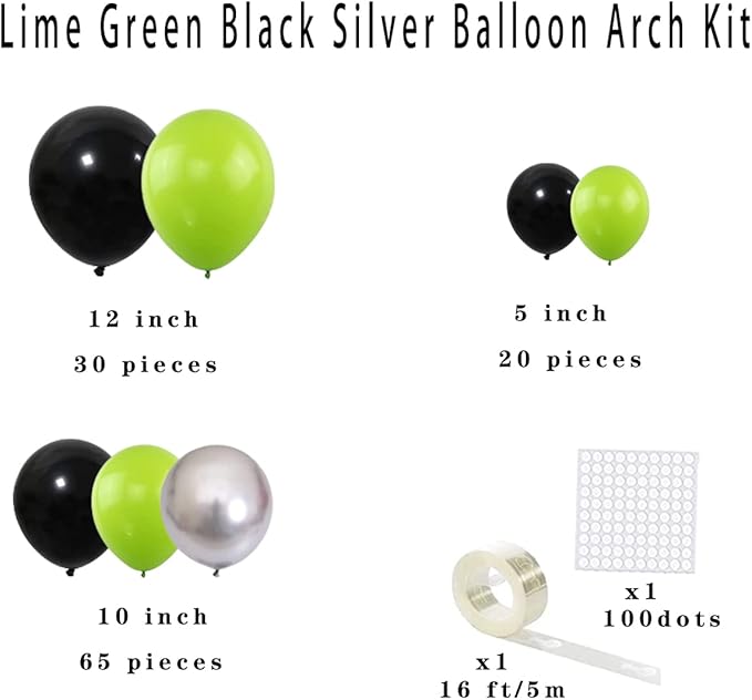 Lime Green, Metallic Silver, Black Balloons Set - 117PCS Fruit Lime Green Balloons Garland Video Game Party for Boy Men Video Gaming Tropical Safari Birthday Graduation Party Decorations