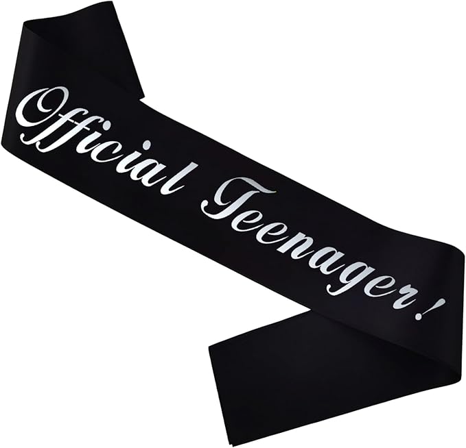 13th Birthday Sash, Silver Foil 'Official Teenager' Black Birthday Sash for Boy 13th Bday Party Decorations Gifts Favors