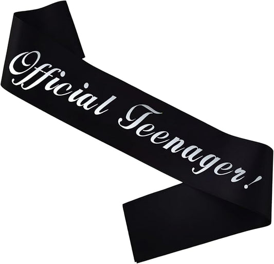 13th Birthday Sash, Silver Foil 'Official Teenager' Black Birthday Sash for Boy 13th Bday Party Decorations Gifts Favors