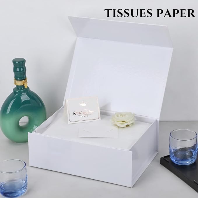 UoeRing 1 Pcs White Gift Box 11.5x8x4 inch Luxury Gift Box for Presents with Magnetic Lid Collapsible,Birthday,Christmas,Contains Card, Ribbon, Tissue Paper,Shredded Paper Fille