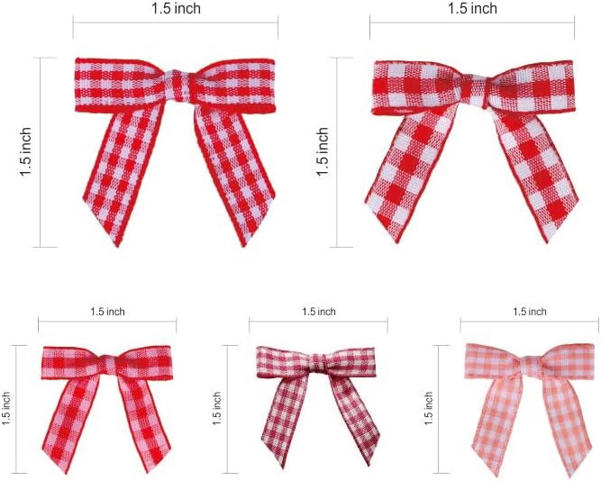 Meseey 100 Pcs 1.5 Inches Premade Gingham Craft Bows Self Adhesive Red/Pink/Hotpink Plaid Ribbon Bows for Treat Bags Gift Wrapping Basket Wedding Baby Shower Brithday Party (Red/Pink/Hotpink Plaid)