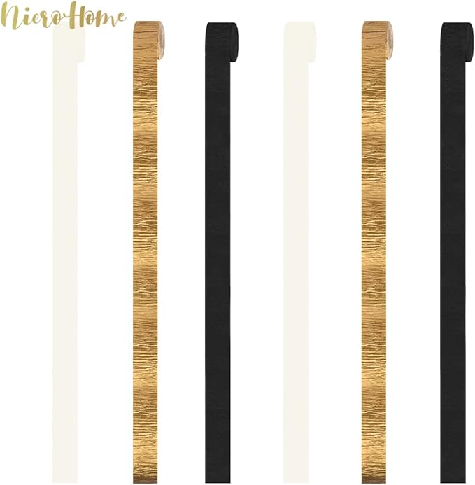 NICROHOME EUR Black Gold Party Decorations, 6 Rolls Crepe Paper Party Streamers for Graduation, Wedding, Birthday, Black and Gold New Years Eve Party Decoration, 82Ft Long