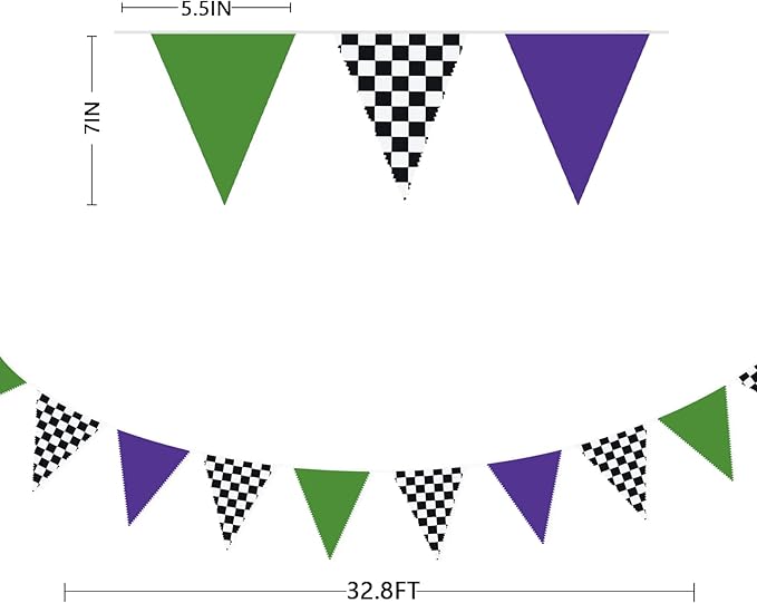 32Ft Monster Truck Party Decorations Purple Green and Black White Checkered Race Car Triangle Flag Pennant Banner Fabric Garland Streamer for Kids Racing Birthday NASCAR Party Baby Shower Decor