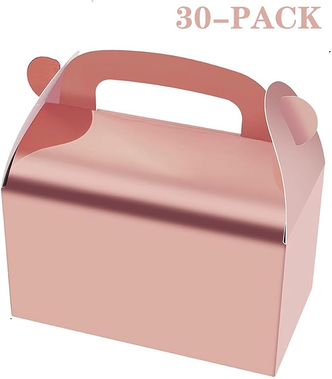 30-Pack Rose Gold Party Favor Treat Boxes, Goodie Gable Paper Gift Boxes with Handles. Perfect for Wedding, Birthday, Graduation, Babyshower