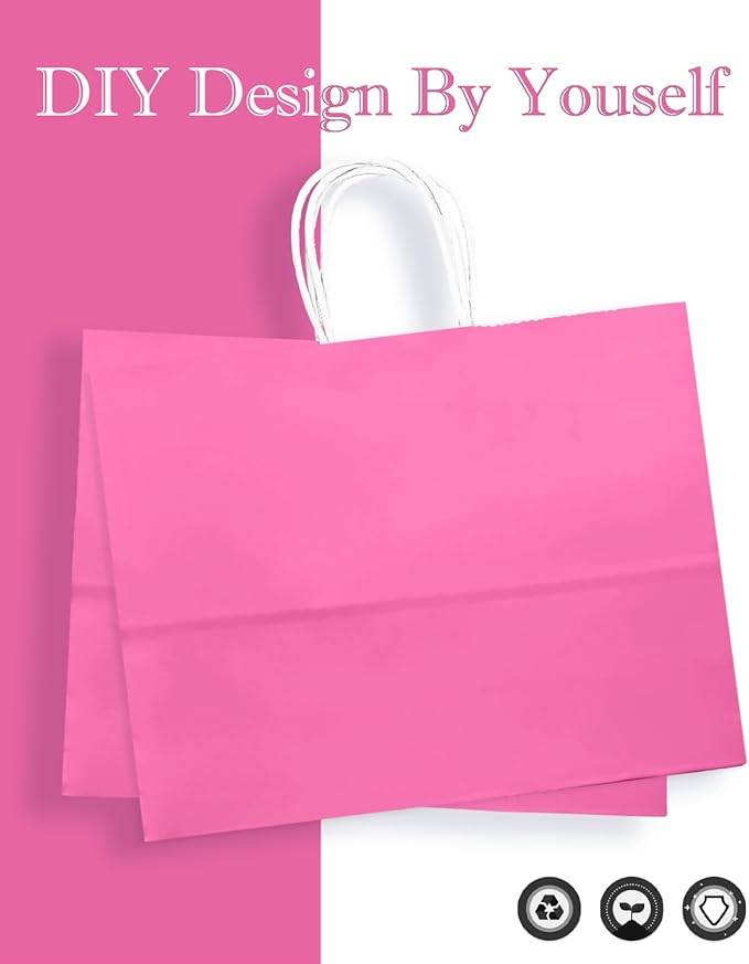 qiqee 24PCS Large Gift Bag with Handles Bulk 13"x4.5"x10" Gift Bags Pink Bags Multiple Uses (32x11x25cm,Wide Large)