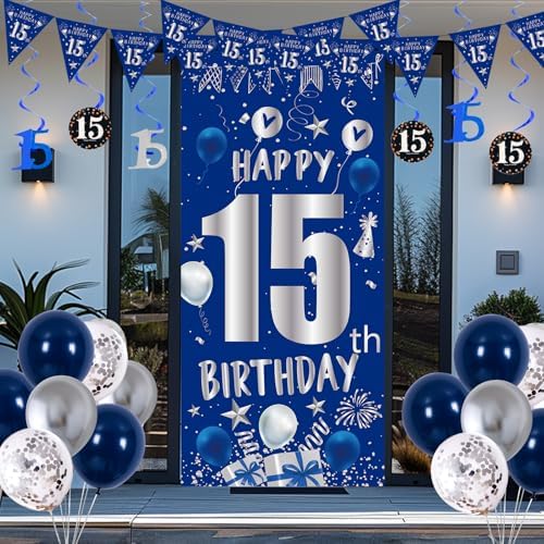 Blue 15th Birthday Decorations for Boys Girls, 15 Year Old Party Supplies
