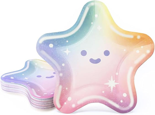 Cheerland Rainbow Iridescent Star Plates Disposable Holographic Star Shaped Paper Plate Space Birthday Party Decorations Colorful Pastel Dessert Cake Tableware Kawaii Baby Shower Decor Pack Of 48