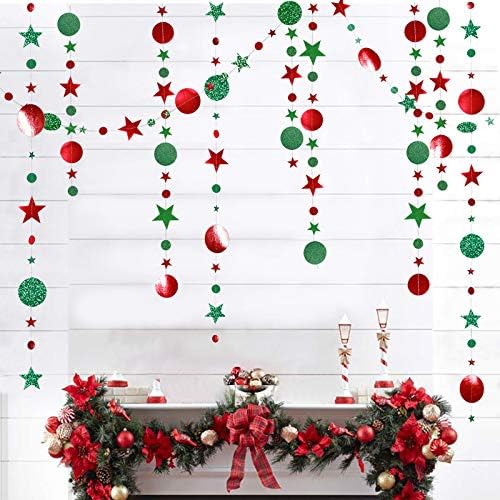 Red and Green Party Decoration Red and Green Star Circle Dot Hanging Garland Streamer Decorations Glitter Star Bunting Banner Twinkle Backdrop for Christmas Engagement Wedding Baby Shower Birthday