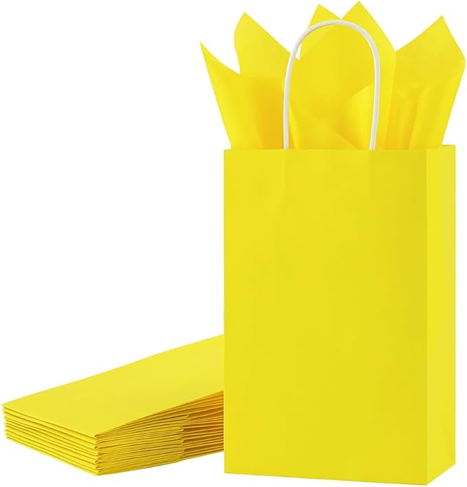 SUNCOLOR 24-Pack Yellow Paper Gift Bags with Handles, 7.9x5.12x3.15 Inches,Small Kraft Paper Bags, Includes Tissue Paper for Parties, Birthdays, Easter, Baby Showers