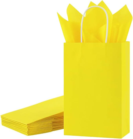 SUNCOLOR 24-Pack Yellow Paper Gift Bags with Handles, 7.9x5.12x3.15 Inches,Small Kraft Paper Bags, Includes Tissue Paper for Parties, Birthdays, Easter, Baby Showers