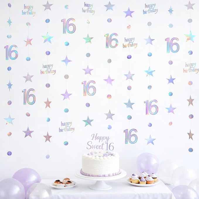 GCQQ 16 Birthday Decorations - 4 Packs Iridescent Holographic Sweet 16 Year Old Star & Circle Hanging Garlands 46FT Happy 16th Birthday Banner Streamers for Girls, Boy, Backdrop & Teen Party Décor