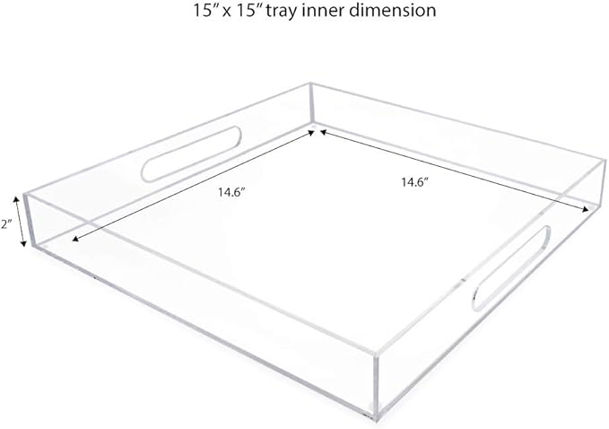 Isaac Jacobs Clear Acrylic Serving Tray (15x15) with Cutout Handles, Spill-Proof, Stackable Organizer, Space-Saver, Food & Drinks Server, Indoors/Outdoors, Lucite Storage Décor & More