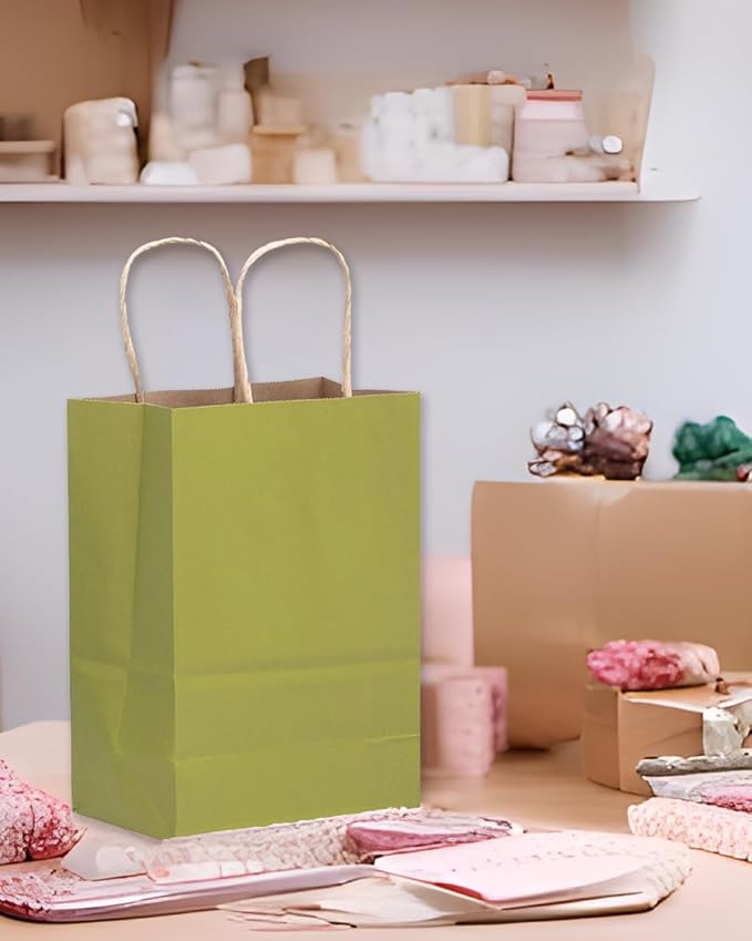 qiqee 32-Packs Forest Green Paper Gift Bags with Handles Bulk 8.26"×6"×3.15" Small Size Gift Bags Multiple Uses（Small Size）