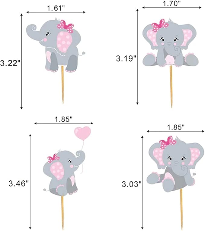48pcs Pink Elephant Cupcake Toppers, Double Sided It's A Girl Picks, Cake Decorations for Elephant Theme Birthday Baby Shower Little Peanut Party Supplies
