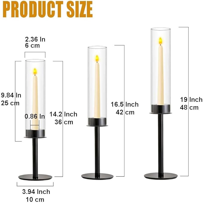 Black Candle Holders 3pc Hurricane Candlestick Holders,Taper Candle Holders with Glass Candle Cover for Wedding Table Centerpiece Decoration Christmas Party