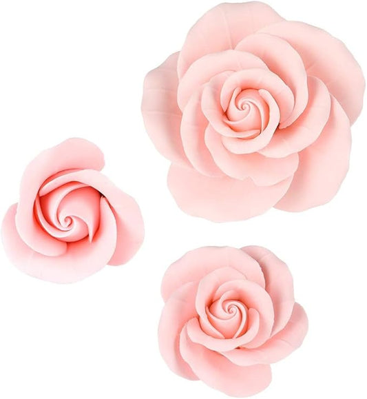 O'Creme Garden Roses Gumpaste Flower Set - Pink Edible Flowers for Cake Decorating - Sugar Flowers for Cakes, Candy, Cupcakes - Birthday, Wedding, Valentines, 3 Different Sizes, 2 of Each