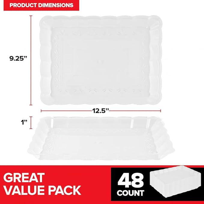 (48 Pcs) Clear Plastic Serving Tray 9x13, Large Plastic Serving Platter Disposable, Rectangle Party Trays and Platters for Fruit, Dessert, Cookies, Appetizers, Food, Entertaining, Holiday Parties