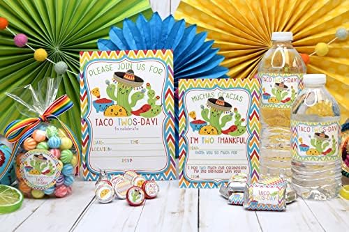 Deluxe Taco Twos-Day 2nd Birthday Party Bundle Includes 20 each of Invitations & Thank You Cards with Envelopes + 2 Different Sizes of Stickers, Mini Candy Bar Wrappers, & Water Bottle Labels!