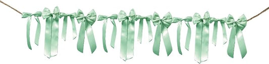 Meseey Sage Green Satin Bow Garland Banner, Boho Rustic Decor for Wedding, Bridal Shower, Baby Shower, Birthday, Neutral Party Supplies & Photo Backdrop