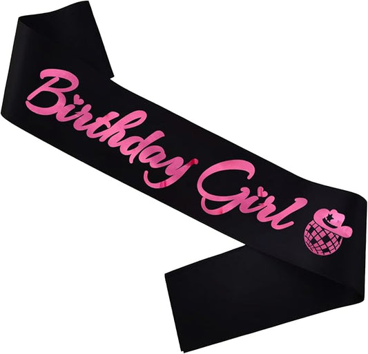 Birthday Girl Sash, Disco Cow Birthday Sash for Cowgirl Funny Birthday Gift Ideas Suppiles, Black+ Pink Foil