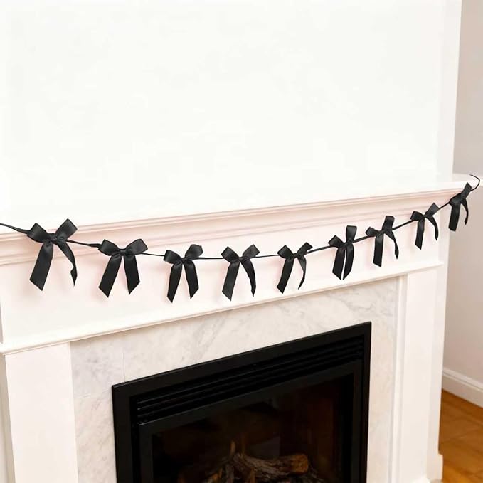 2pcs Pink Bow Garland Banner - 8.3 Feet Coquette Ribbon Bow Decorations for Baby Shower, Birthday Party, Bridal Shower Decor (Black)