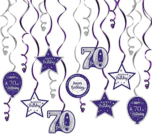 Happy 70th Birthday Purple & Silver Glitter Swirls Streamers Party Decorations - 15 Pcs 70th Birthday Hanging Swirls Streamers Kit,Cheers to Seventy Years Old Bday Party Sign.