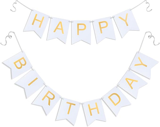 White Happy Birthday Banner - Hanging Backdrop Sign with Gold Letters, Happy Birthday Sign Bunting Decorations for Women men Kids Baby Shower Party Supplies (13pcs)