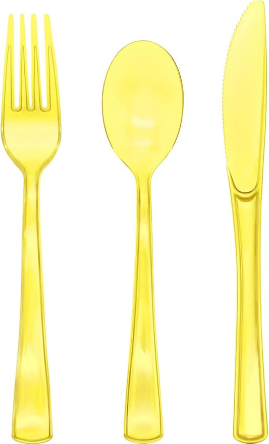 150 Pcs Yellow Plastic Silverware Heavy Duty Yellow Cutlery Sets Disposable Includes 50 Forks, 50 Knives and 50 Spoons for Easter Party, Birthday, Picnic
