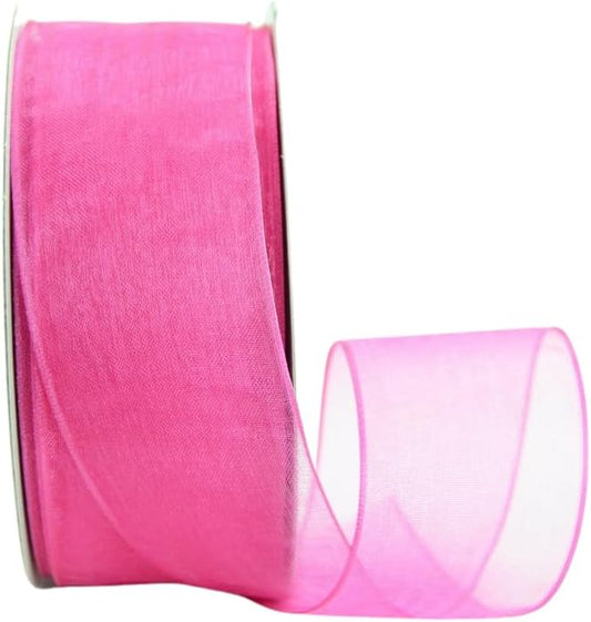 Ribbon Bazaar Sheer Organza Wired Ribbon - Wire Edged Ribbon for Floral Decor, Table Arrangements, Apparel Embellishment & More - 1-1/2" Shocking Pink 25yd Spool
