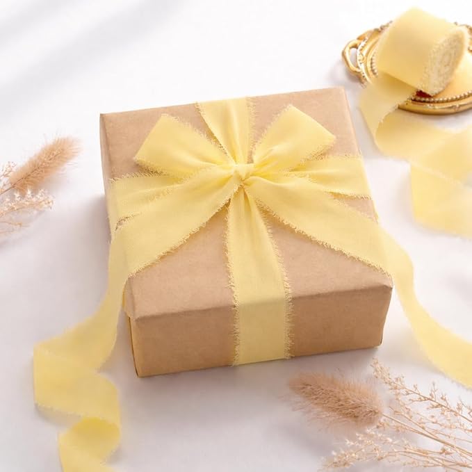 DORIS HOME Yellow Chiffon Ribbon for Flower Bouquet, 1" x21Yd Fabric Ribbon for Gift Wrapping, Handmade Frayed Ribbon for Wedding Invitations/Christmas Decorations