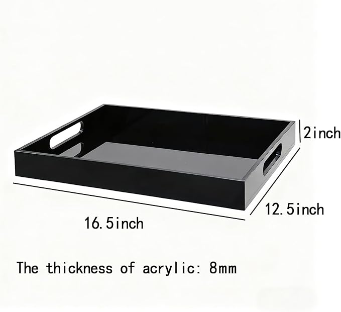 Sturdy 16" Acrylic Serving Tray with Handles - Ottoman Coffee Table Organizer for Food, Tea, Snacks, Vanity & Kitchen Countertop - Multi-Use for Bathroom, Living Room, Bar Parties (Black)