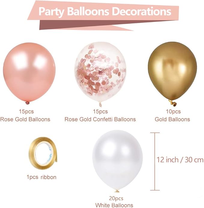 Rose Gold Confetti Latex Balloons, 60 Pack White Balloons 12 Inch with Gold Ribbon for Birthday Party, Wedding, Bridal Shower Decorations