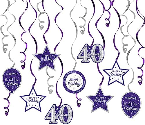 Happy 40th Birthday Purple & Silver Glitter Swirls Streamers Party Decorations - 15 Pcs 40th Birthday Hanging Swirls Streamers Kit,Perfect for 40th Bday Party Sign.