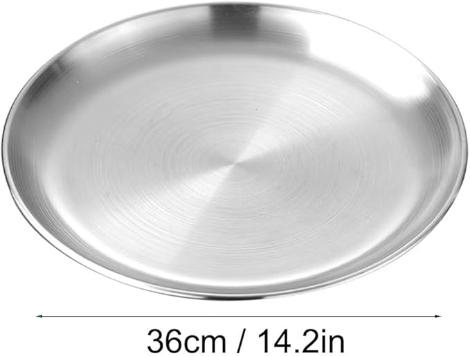 14.2in Round Silver Serving Tray, Stainless Steel Decorative Metal Tray for Coffee Table, Vanity, Perfume, Jewelry, and Entryway Catchall Organizer