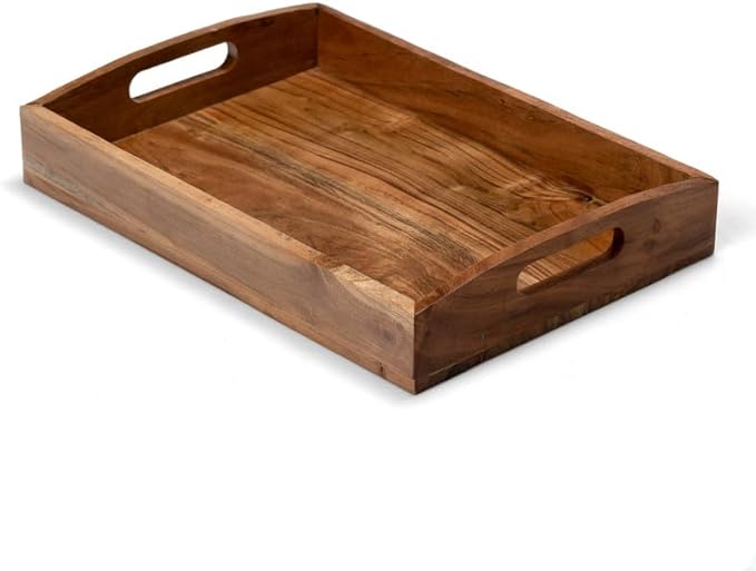 Acacia Wood Serving Tray - 16 Inch Wooden Tray with Natural Food-Safe PU Coating, Brown