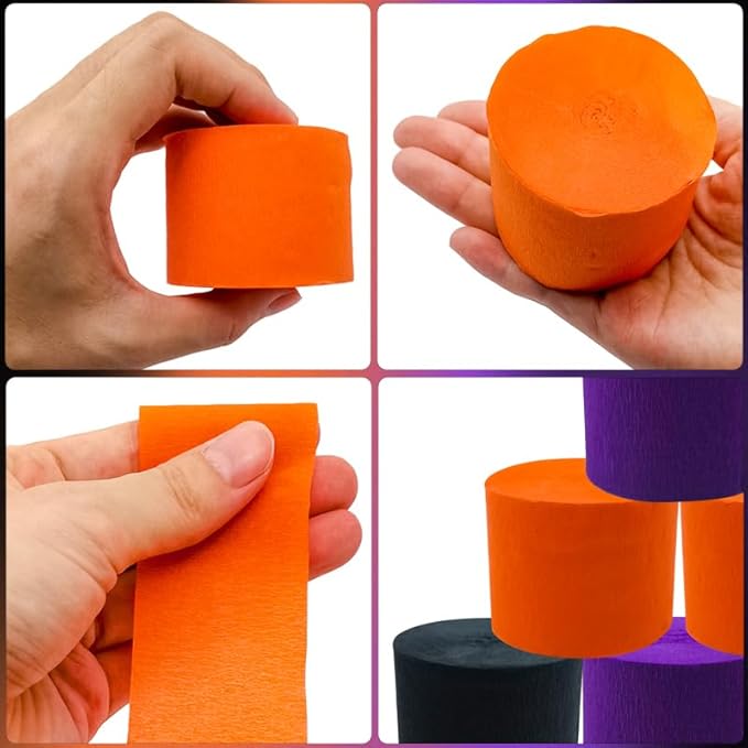 PheiLa Crepe Paper Streamers 6 Rolls 492ft, Crepe Paper Halloween Decorations Orange Black Purple Party Supplies for DIY Gift Wrapping Birthday Holiday Party Decor, 1.77 Inch x 82 Ft/Roll