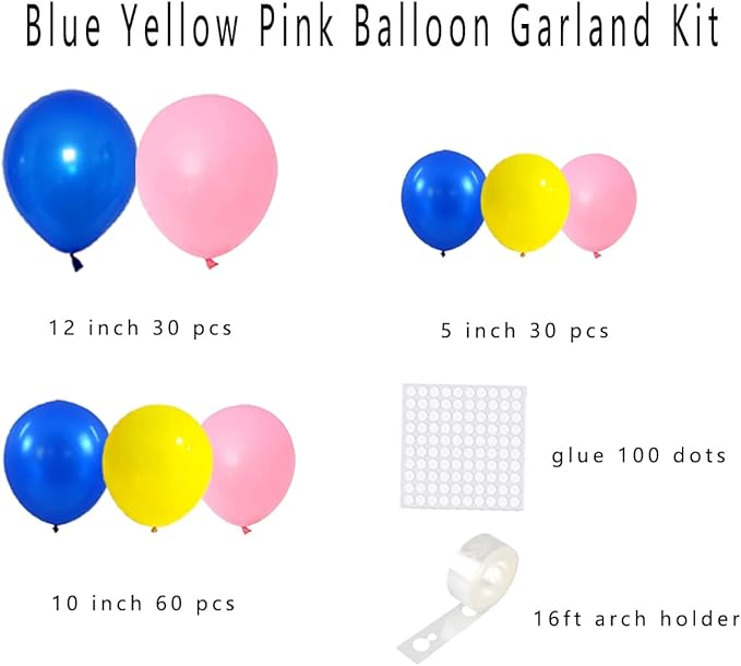 Royal Blue Yellow Pink Balloon Garland Arch Kit - 122PCS Pink Yellow Balloons Blue Balloons Garland for Birthday Wedding Baby Shower Graduation Anniversary Party Decorations