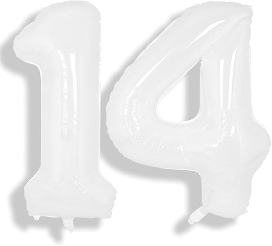 SUWEN 40 Inch White Large 14 Number Balloons Big Foil Helium Number Balloons 0-9 Giant Jumbo Happy 14th Birthday Party Decorations for Boy or Girl Huge Mylar 41 Anniversary Party Supplies