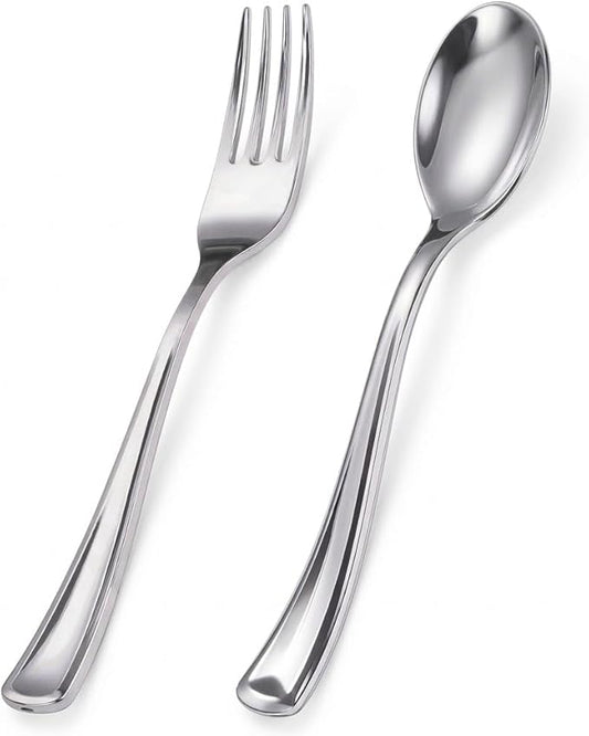 Goodluck 100 PCS Silver Plastic Silverware, Heavy Duty Plastic Cutlery Includes 50 Forks and 50 Spoons, Elegant Disposable Utensils, Durable Flatware for Parties, Weddings Catering and Dinners