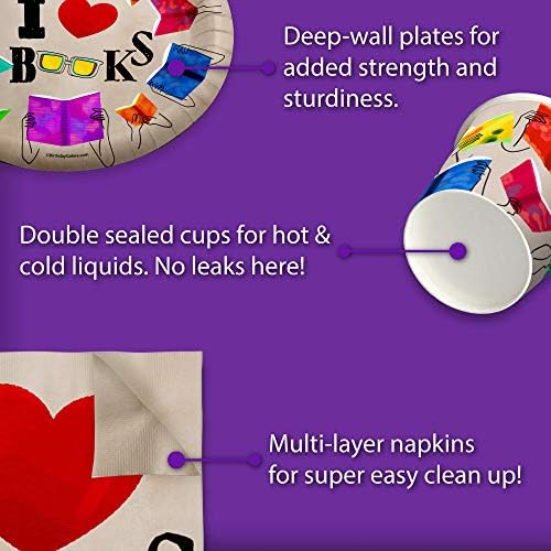 Birthday Galore Book Club Birthday Themed Party Supplies for Kids and Adults - Ideal Celebration Tableware Set with Plates, Napkins, & Cups Quick Colorful Setup Decoration For All Events - Kit for 16
