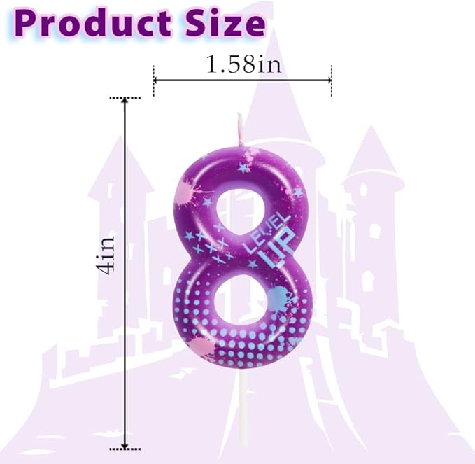 STG Birthday Candles for Boys - Number 8 Candle for Video Game Birthday Cake Topper, Fort Battle Level Up Sandbox Games Birthday Party Supplies (Purple)